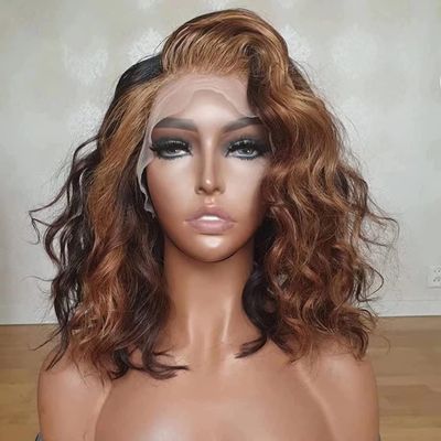 13x4 HD Transparent Lace Front Wig Body Wave Short Bob Highlight #1B/30 Natural Wave Brazilian Virgin Hair Human Hair Baby Hair 150% Density Glueless Pre-Plucked Natural Hairline For Women 14 Inch