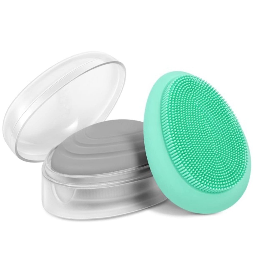 2 PCS Soft Silicone Face Cleansing Massaging Scrubber Brush with Storage Case, Grey Green