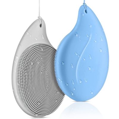 2 PCS Soft Silicone Face Cleansing Massaging Scrubber Brush with Storage Case, Grey & Blue