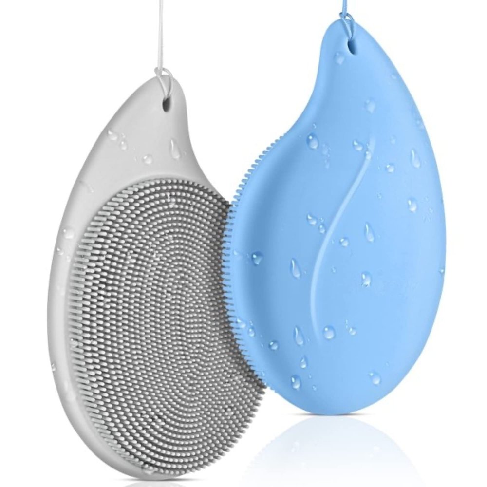 2 PCS Soft Silicone Face Cleansing Massaging Scrubber Brush with Storage Case, Grey & Blue