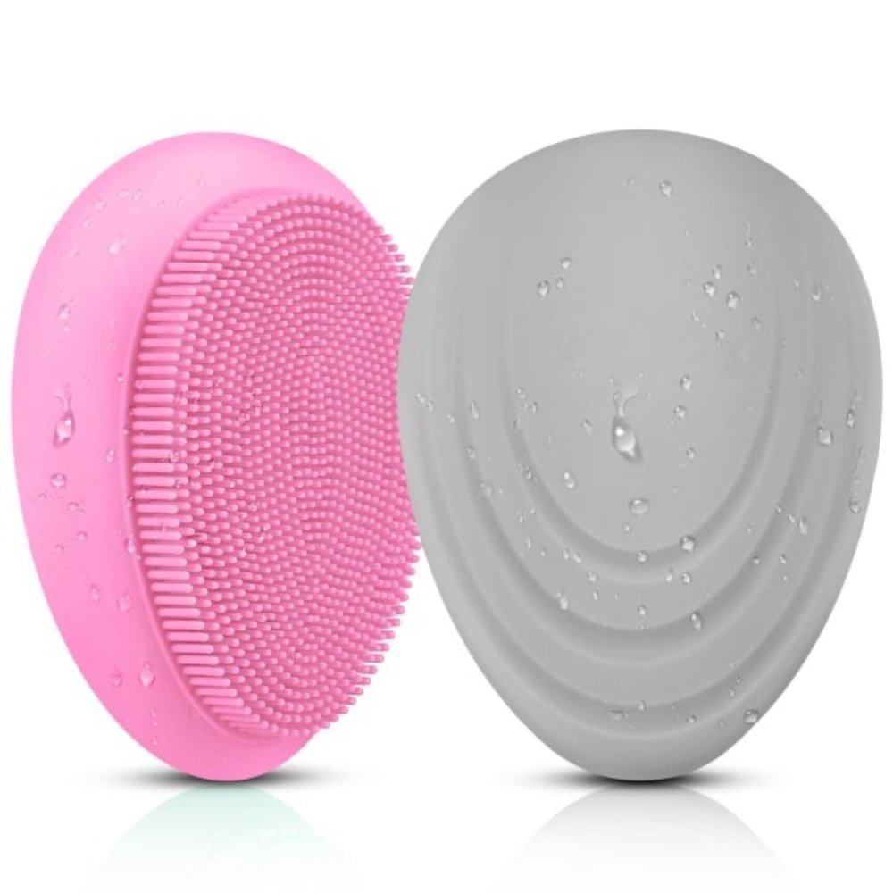 2pcs Silicone Facial Cleansing Soft Massaging Brush Face Massager & Storage Case, Grey Pink