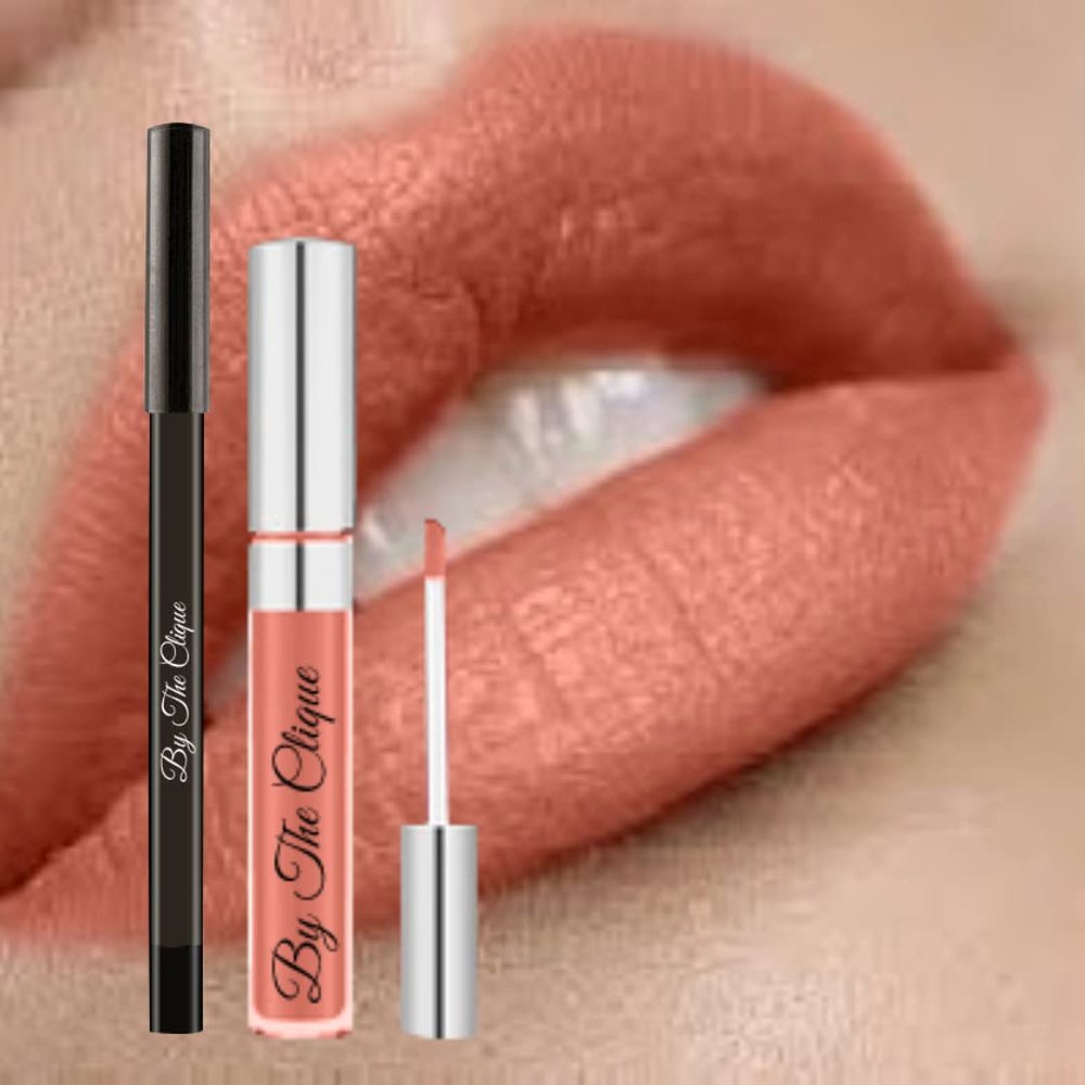 By The Clique Premium Matte Liquid Lipstick and Liner Set | Sun Kissed | Soft Peach Tinted Nude | Long Lasting Ultra Wear | Perfect Texture | Cruelty-Free | Vegan | Gluten Free
