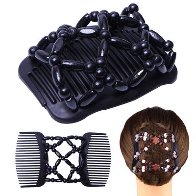 ShengXia Wooden Retro Stretchy Hair Combs Hairpin/Double Comb Hair Clip/Elastic Beaded Double Slides Hair Combs Hair Clips for Women Ladies Girls Gift #3
