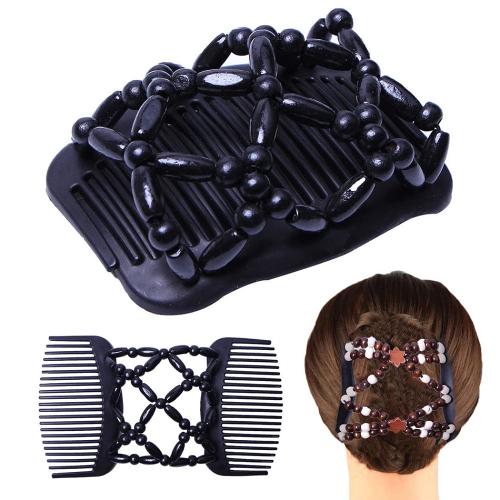 ShengXia Wooden Retro Stretchy Hair Combs Hairpin/Double Comb Hair Clip/Elastic Beaded Double Slides Hair Combs Hair Clips for Women Ladies Girls Gift #3