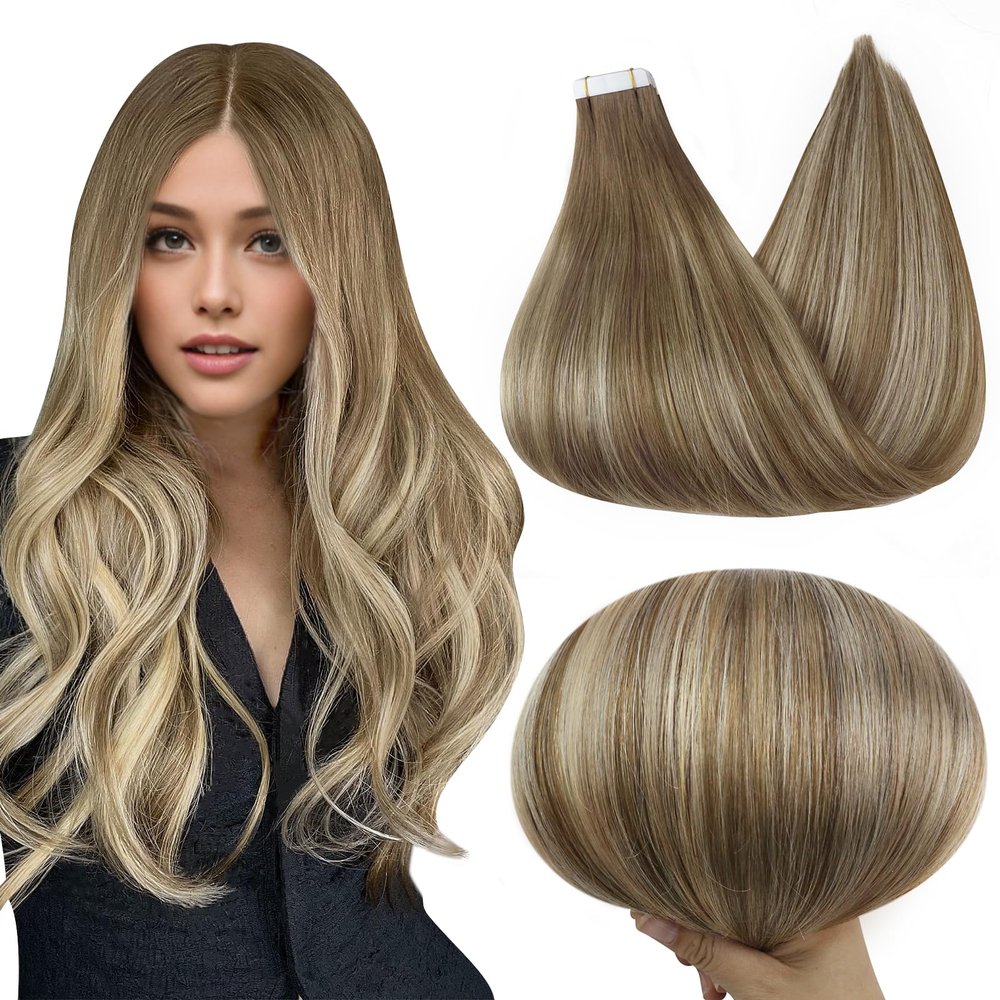 Full Shine Balayage Tape in Hair Extensions Human Hair 18 Inch Invisible Tape in Hair Extensions Color 6 Brown Fading to 6 and 60 Platinum Blonde 50Gram 20Pcs Blonde Straight Hair Extensions Tape in