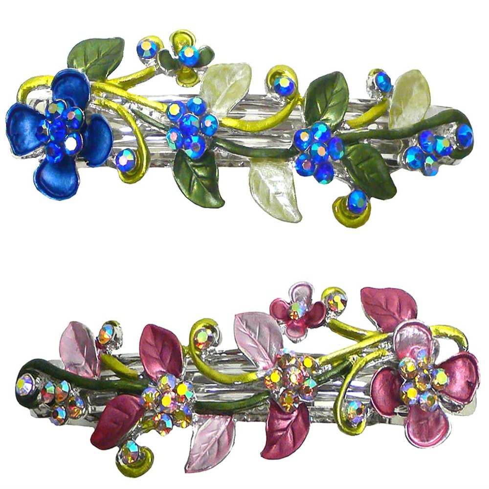 Set of 2 JCGY Crystal Metal Barrettes Sprig of Leaves and Flower Barrettes YY86800-8-2blueRosepink