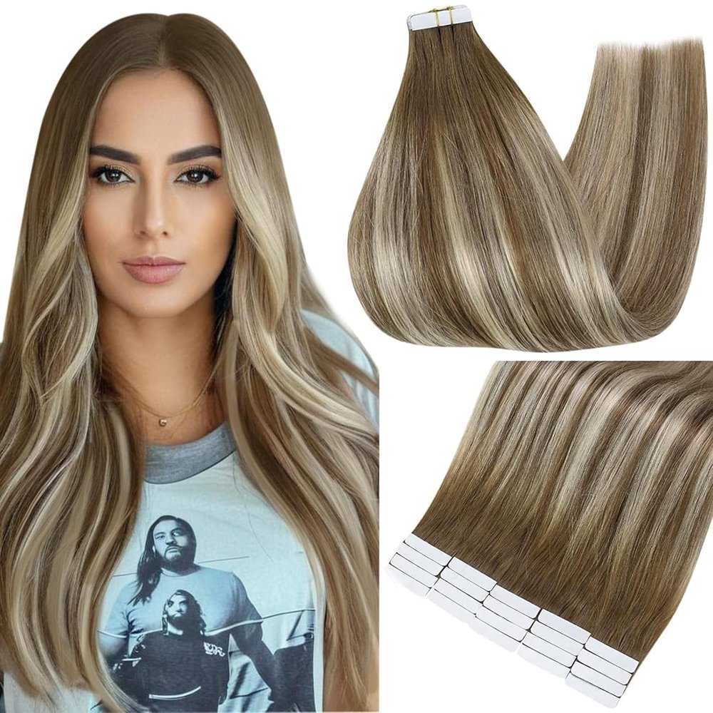 Full Shine Blonde Hair Extensions Tape Ins Color 6/60/6 Real Tape In Extensions Balayage Remy Hair Tape Ins Human Hair Extensions 20Pcs 50G Tape in Extensions Straight Soft Hair for Women 14 Inch