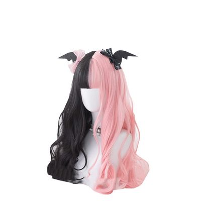 osseoca Pink Black Double Color 60cm Long Curly JK Synthetic Hair Lifelike Daily Sweet Lolita Japanese Hot Princess Cosplay Party Natural Female Wigs with Bangs (FEI-1098)