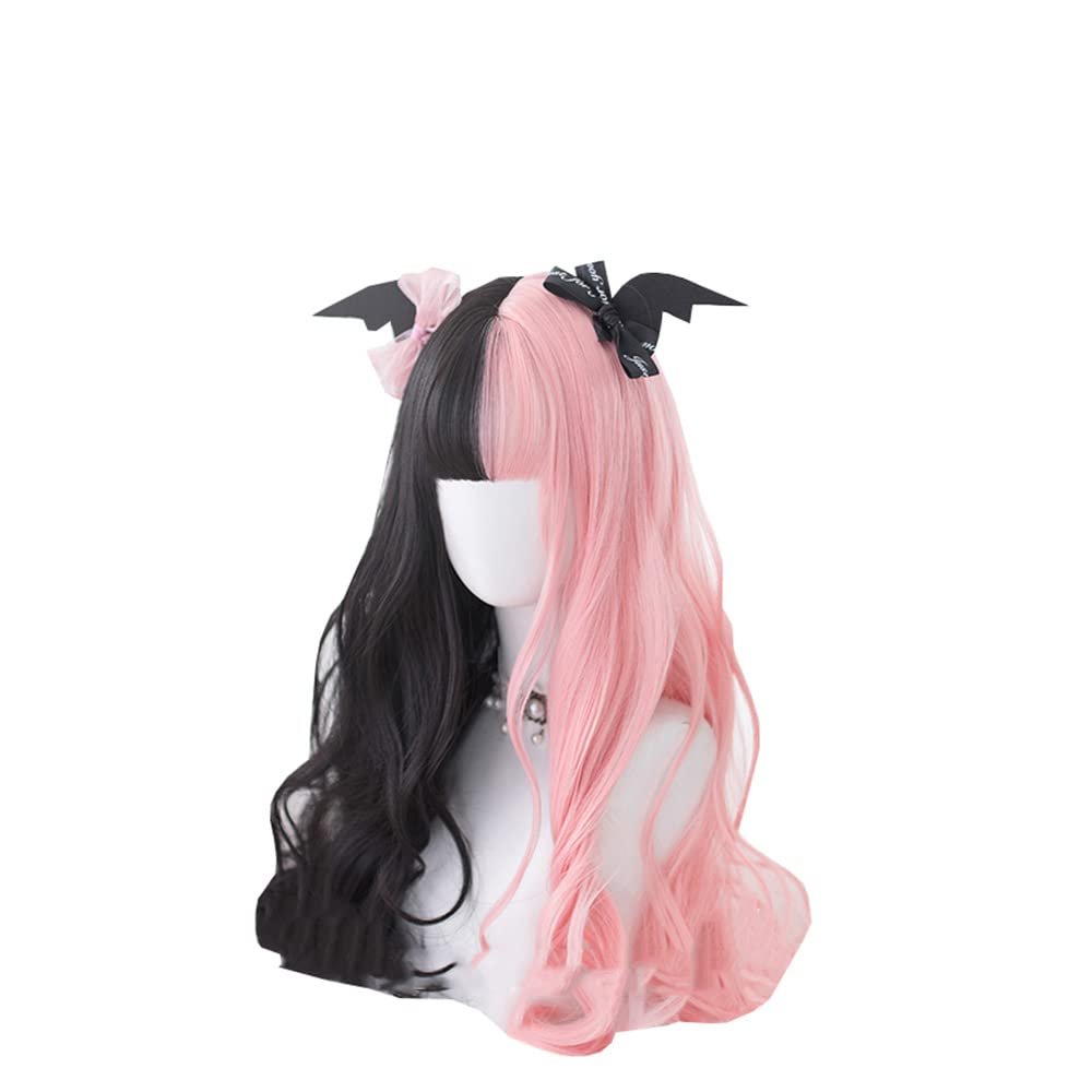osseoca Pink Black Double Color 60cm Long Curly JK Synthetic Hair Lifelike Daily Sweet Lolita Japanese Hot Princess Cosplay Party Natural Female Wigs with Bangs (FEI-1098)
