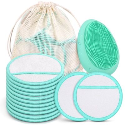 18pcs Reusable Makeup Remover Pads 1pc Facial Cleansing Brush 1pc Storage Pouch Hygienic Makeup Remover Pads & Face Scrub Brush Mint Green