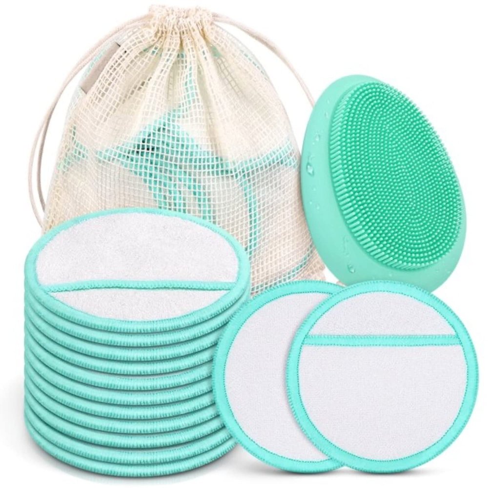18pcs Reusable Makeup Remover Pads 1pc Facial Cleansing Brush 1pc Storage Pouch Hygienic Makeup Remover Pads & Face Scrub Brush Mint Green