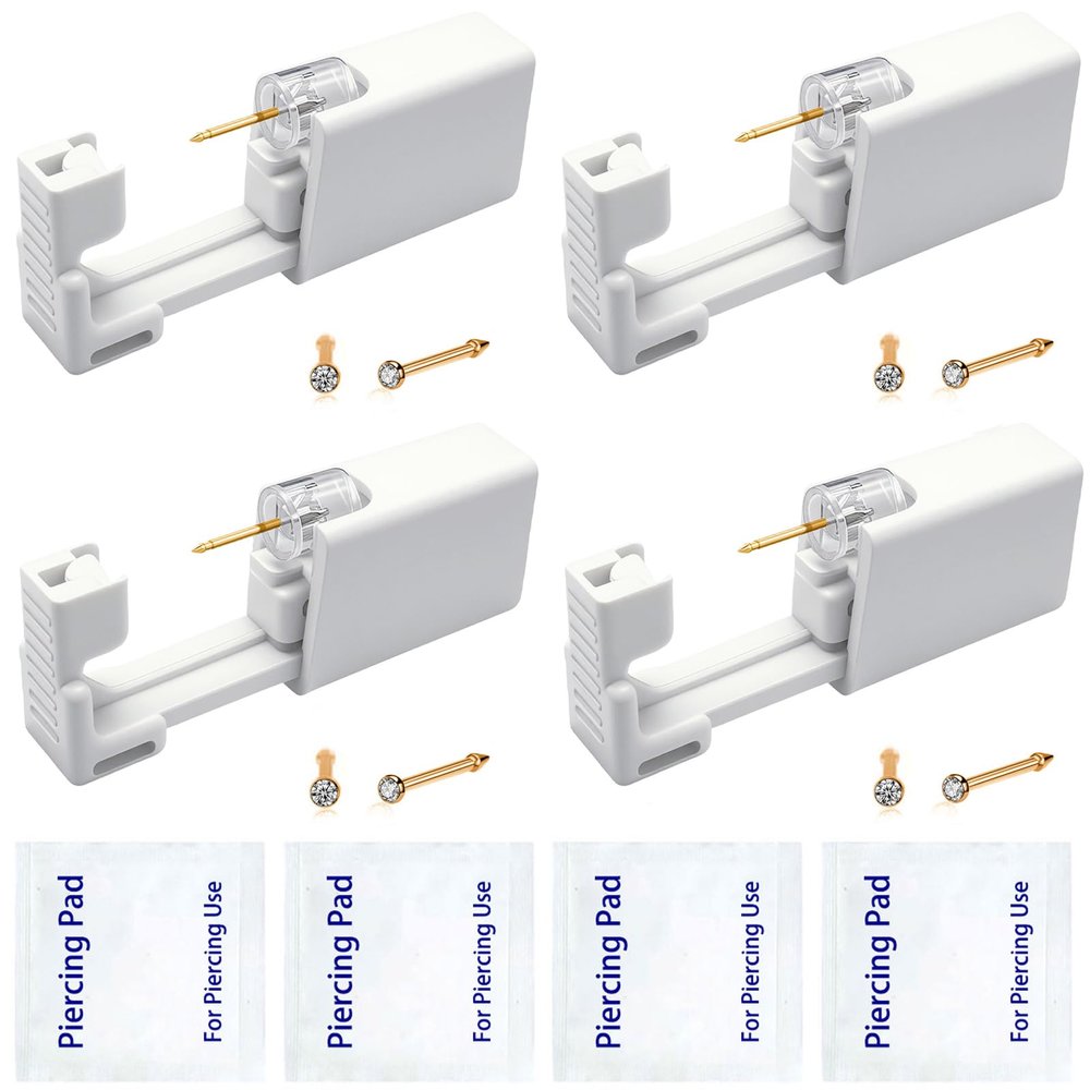 4 Pack Nose Piercing Kit, SLVIEKAE Disposable Safe Sterile Piercing Gun, Self Nose Piercing Unit For, Nose Stud Piercing Kit Tool (Gold)
