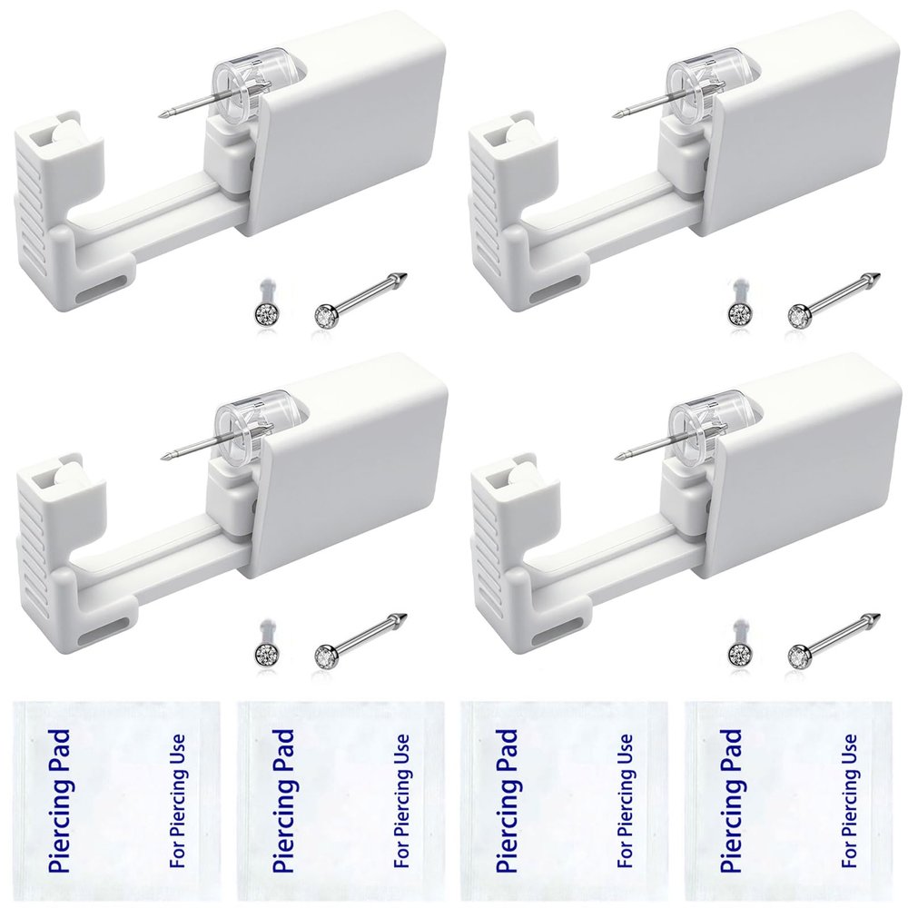 SLVIEKAE 4 Pack Nose Piercing Kit, Disposable Safe Sterile Nostril Perforated Gun, Self Nose Piercings Unit, Nostril Stud Puncture KitsTool (Silver)