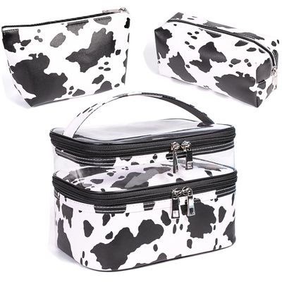 FITINI 3 Pieces Makeup Bags Double Layer Travel Large White Cows Cosmetic Cases Organizer Toiletry Bags Waterproof Small Zipper Pouch for Women Makeup Brush Storage Bag