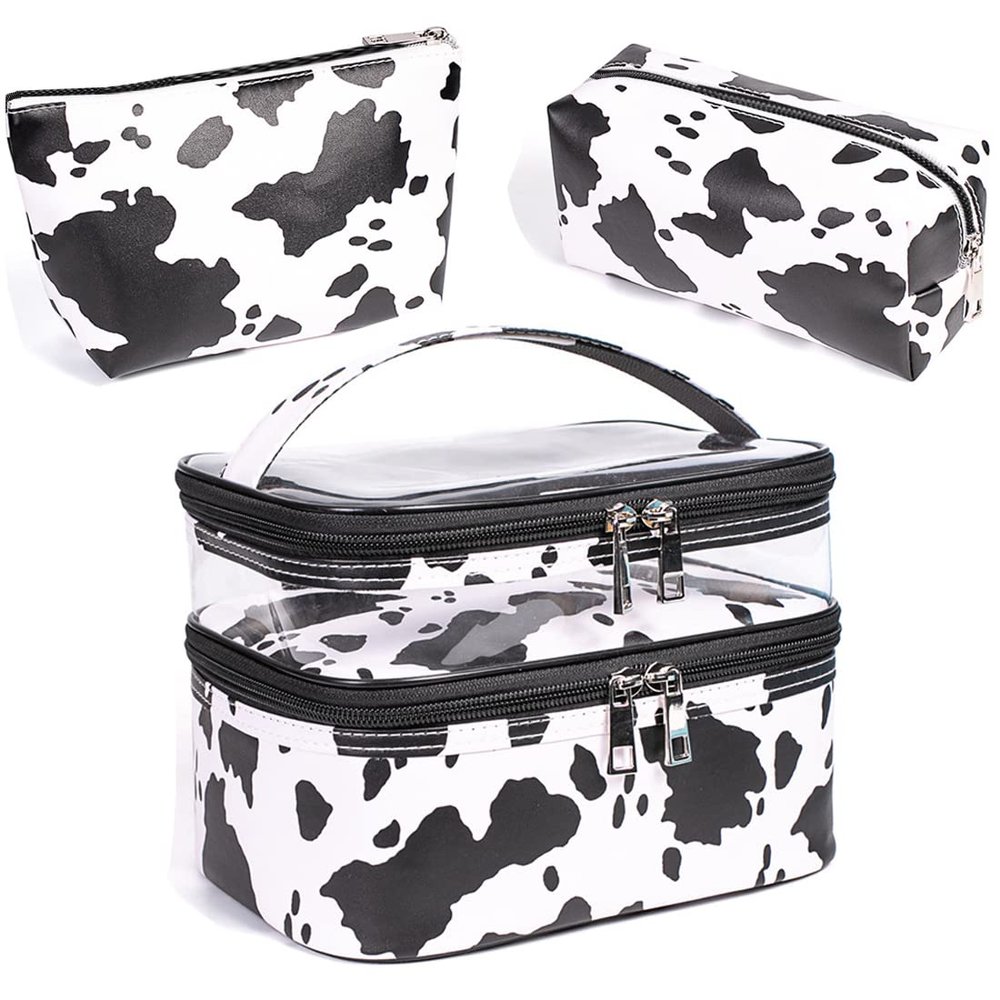 FITINI 3 Pieces Makeup Bags Double Layer Travel Large White Cows Cosmetic Cases Organizer Toiletry Bags Waterproof Small Zipper Pouch for Women Makeup Brush Storage Bag