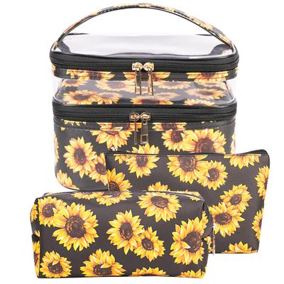 FITINI 3 Pieces Sunflower Makeup Bags Double Layer Travel Large Cosmetic Cases Organizer Toiletry Bags Waterproof Small Zipper Pouch for Women Makeup Brush Storage Bag