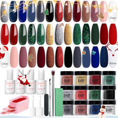 AZUREBEAUTY 31 PCS Dip Powder Nail Starter Kit Christmas Red Green Gold Grey Acrylic Dipping Powder 20 Colors Set with Recycle Tray Top/Base Coat Activator French Nail Art Manicure Salon