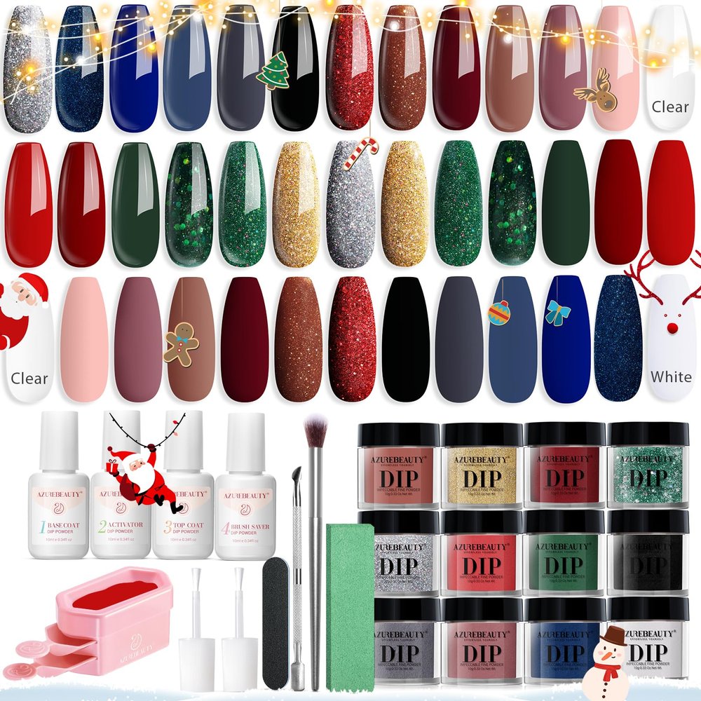 AZUREBEAUTY 31 PCS Dip Powder Nail Starter Kit Christmas Red Green Gold Grey Acrylic Dipping Powder 20 Colors Set with Recycle Tray Top/Base Coat Activator French Nail Art Manicure Salon
