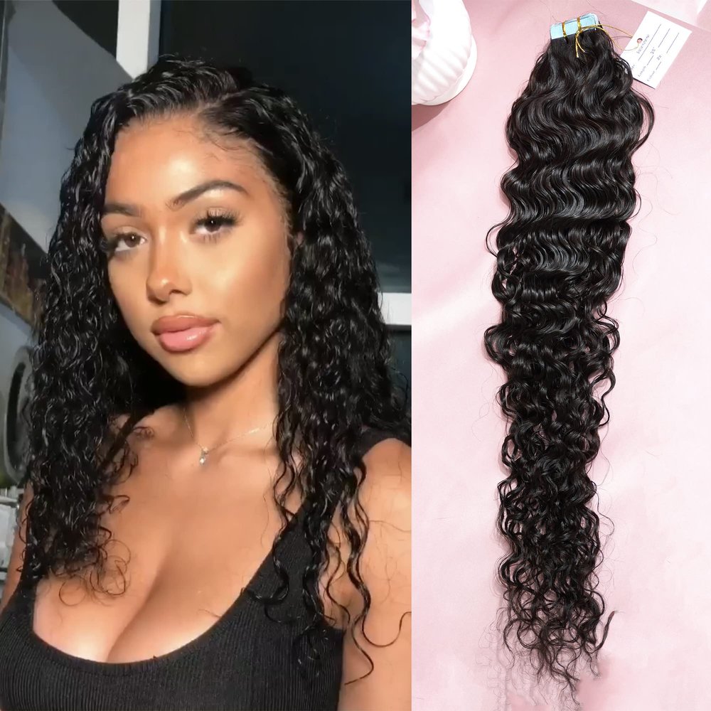 Invisible Loose Curly Wave Tape in human hair extensions 40pcs 3B Wet and wavy hair extensions for black women Natural Black