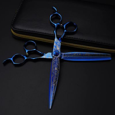 Professional Hair Cutting Shears, Professional 7 inch Blue Damascus Upscale scissor cut hair cutting scissors thinning barber haircut shears Hairdressing scissors (Color : Set with bag)