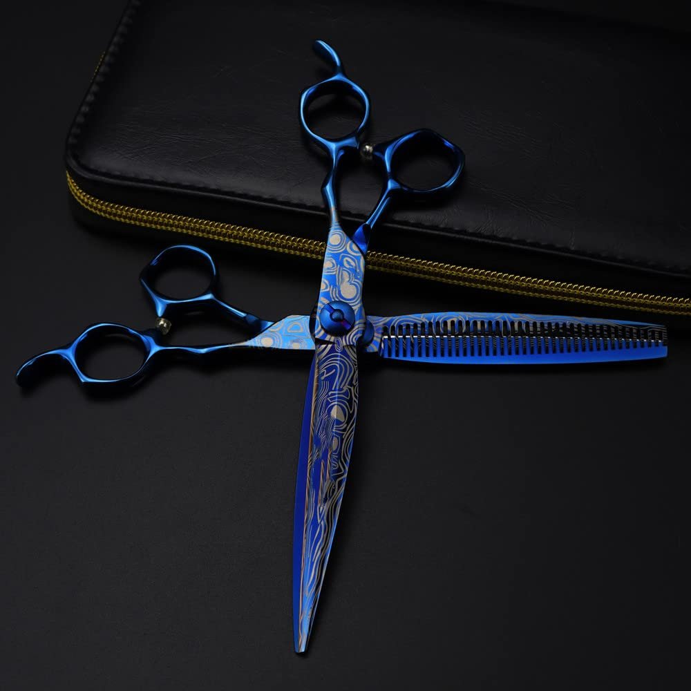 Professional Hair Cutting Shears, Professional 7 inch Blue Damascus Upscale scissor cut hair cutting scissors thinning barber haircut shears Hairdressing scissors (Color : Set with bag)