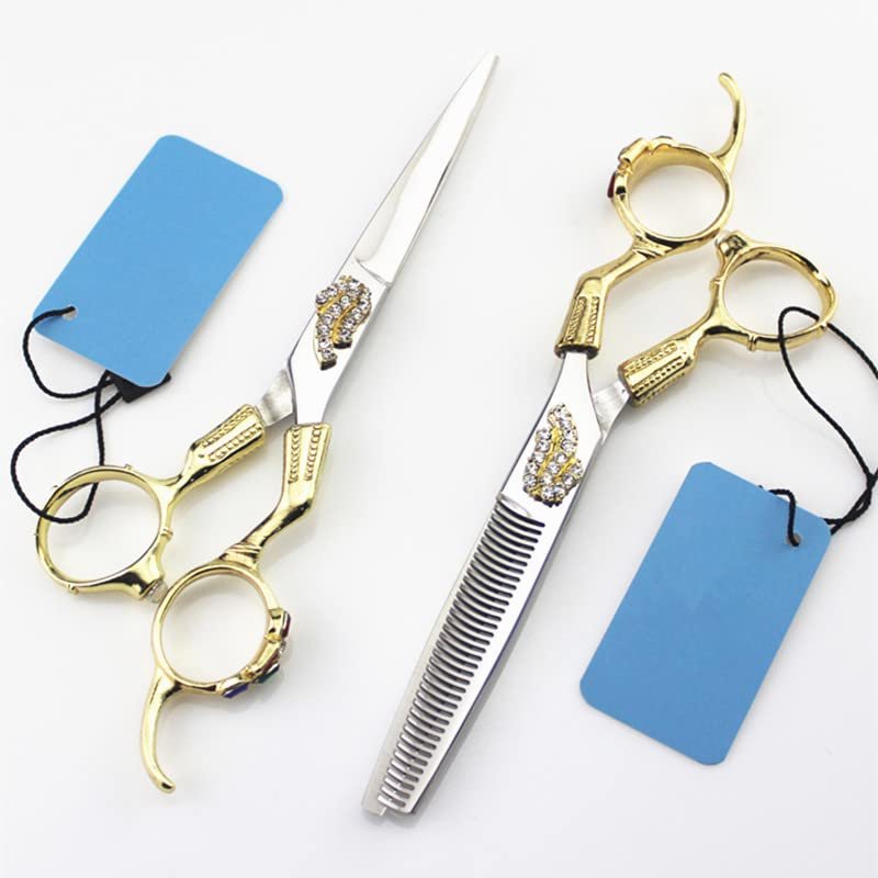 Professional Hair Cutting Shears, Professional Japan 440c 6 inch Retro gold hair cutting scissors haircut thinning barber haircutting shears Hairdresser scissors (Color : Set)