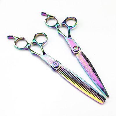 Professional Hair Cutting Shears, Professional 7 inch Rainbow Damascus Upscale scissor hair cutting scissors thinning barber haircut shears Hairdressing scissors (Color : Set)