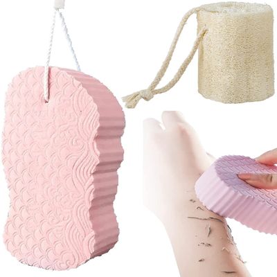 MJUHNHH 2Pcs Super Soft Exfoliating Bath Sponge with Natural Loofah Sponge, Exfoliating Sponge Shower Brush, Reusable Spa Scrub Exfoliator Dead Skin Remove Shower Sponge, Bath Sponge for Adults Kids