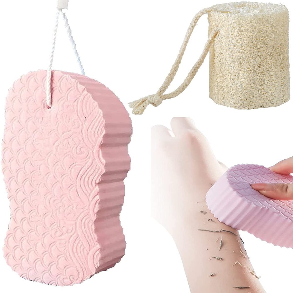 MJUHNHH 2Pcs Super Soft Exfoliating Bath Sponge with Natural Loofah Sponge, Exfoliating Sponge Shower Brush, Reusable Spa Scrub Exfoliator Dead Skin Remove Shower Sponge, Bath Sponge for Adults Kids