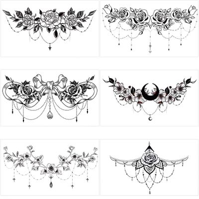 PAGOW 6pcs Fake Tattoos Women, Waterproof Floral Moon Bowknot Rose Realistic Temp Tattoo Stickers for Women Girl Chest, Waist (Large Size: 9.5x5.4inch/240x138mm) Black