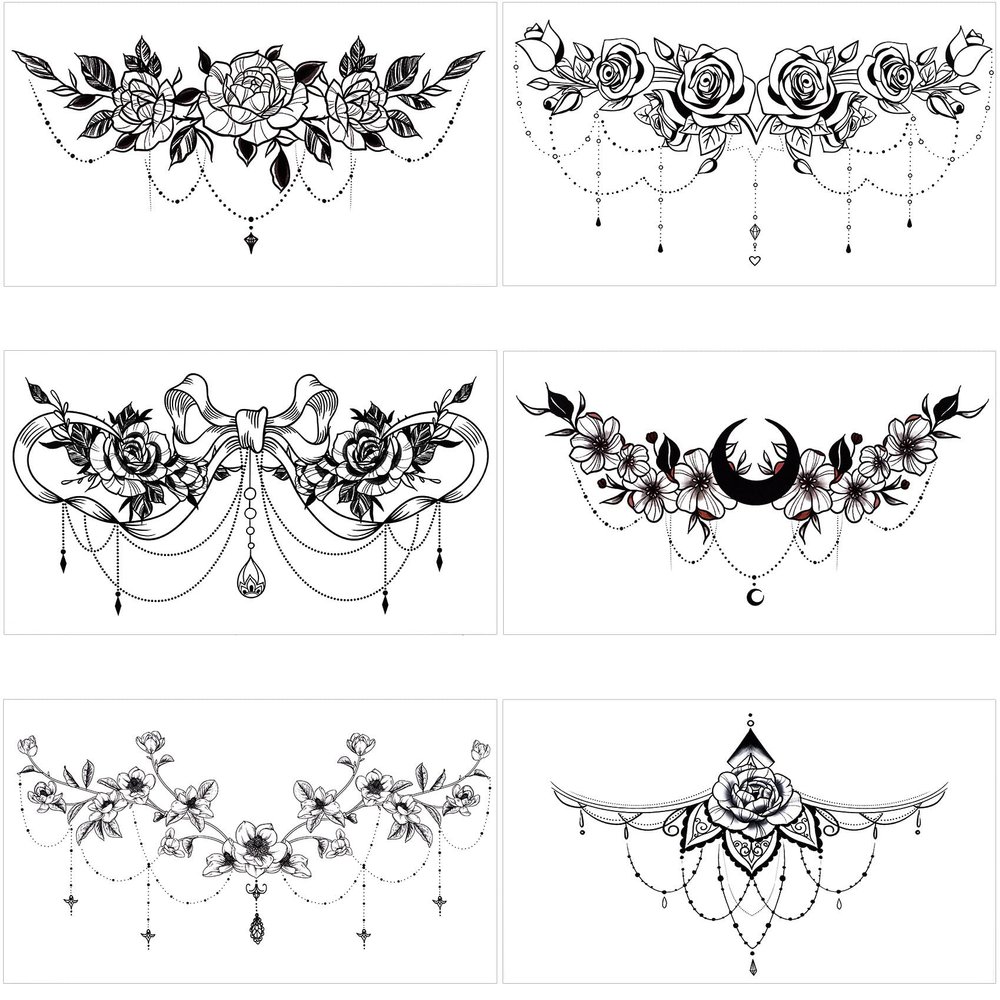 PAGOW 6pcs Fake Tattoos Women, Waterproof Floral Moon Bowknot Rose Realistic Temp Tattoo Stickers for Women Girl Chest, Waist (Large Size: 9.5x5.4inch/240x138mm) Black