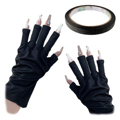 Gel Manicure Gloves Black Tape Set Anti UV Fingerless Gloves Gel Nail Gloves Sun Protection Shield Gloves for LED Nail Lamp