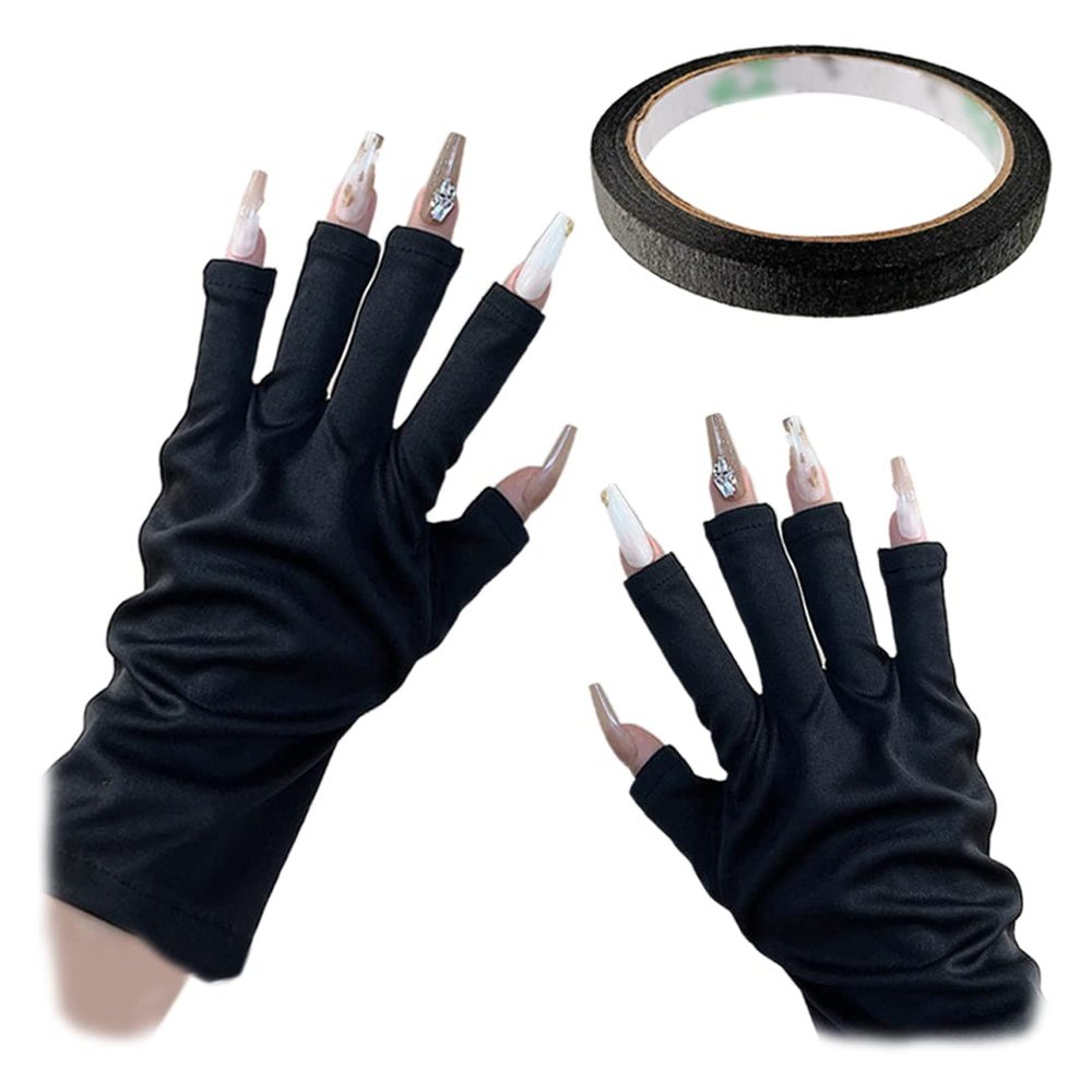 Gel Manicure Gloves Black Tape Set Anti UV Fingerless Gloves Gel Nail Gloves Sun Protection Shield Gloves for LED Nail Lamp