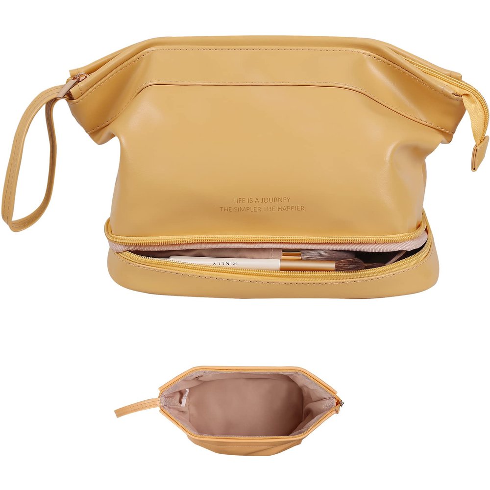 Abiudeng Large Makeup Bag for Women,Travel Makeup Organizer with Brush Holder, Dopp Kit Essentials,Waterproof PU Cosmetic Bag for Traveling,Multi Compartment, Cute,Spacious Capacity-yellow