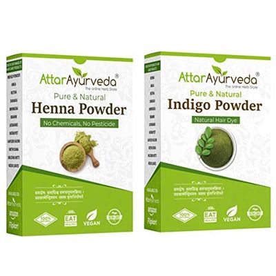 Drect Attar Ayurveda Natural Dye for Black Hair (Henna Leaves powder, Indigo leaves powder combo pack), Brown