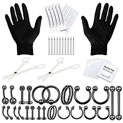 BodyJ4You 36PC PRO Body Piercing Kit - Nose Septum Ear Cartilage Lip Belly Navel Tragus Eyebrow - Black Steel 14G 16G BCR CBR Ring Clicker Barbell Spike - Tools Needles Gloves Clamps