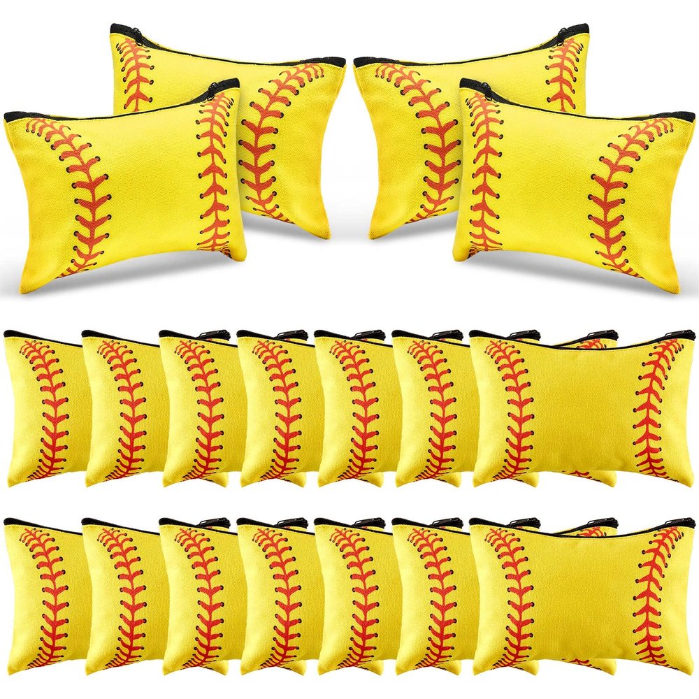 18 Pcs Softball Makeup Bag Softball Cosmetic Bag Softball Gifts for Girls Team Player Portable Travel Bags for Women Canvas Softball Goodie Bags Toiletry Softball Accessories Organizer Case Pouch