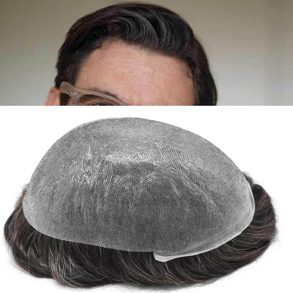Ultra Thin Skin Mens Toupee Invisible PU Transparent Thin Skin V-looped Hair Units for Men Non Surgical Hair Replacement System for Men Natural Looking Thin Skin Soft Hand Tied European Human Hair Weave Unit for Balding Men (8x10 0.06mm-0.08, #210 2#