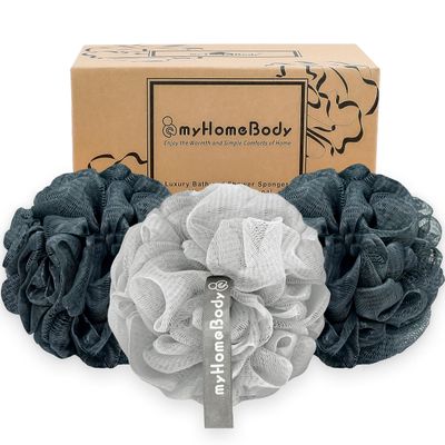myHomeBody Large 70g Loofah Sponge, Body Scrubber, Bath Sponge, Loofah for Women, Men, Exfoliating Sponge Shower Pouf with Activated Charcoal - 3 Pack, 2 Midnight Blue + 1 Fog Gray