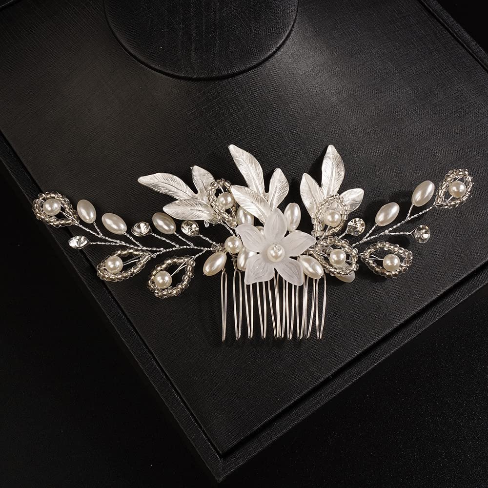 JWICOS Wedding Hair Comb Silver Flower Bridal Hair Pieces Leaf Hair Clips Wedding Hair Accessories for Women and Girls