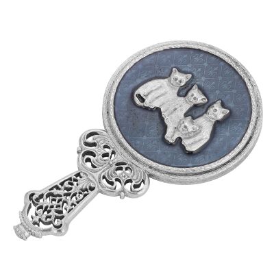 1928 Jewelry Filigree Handheld Mirror with Round Blue Enamel & Four Cats in Pewter