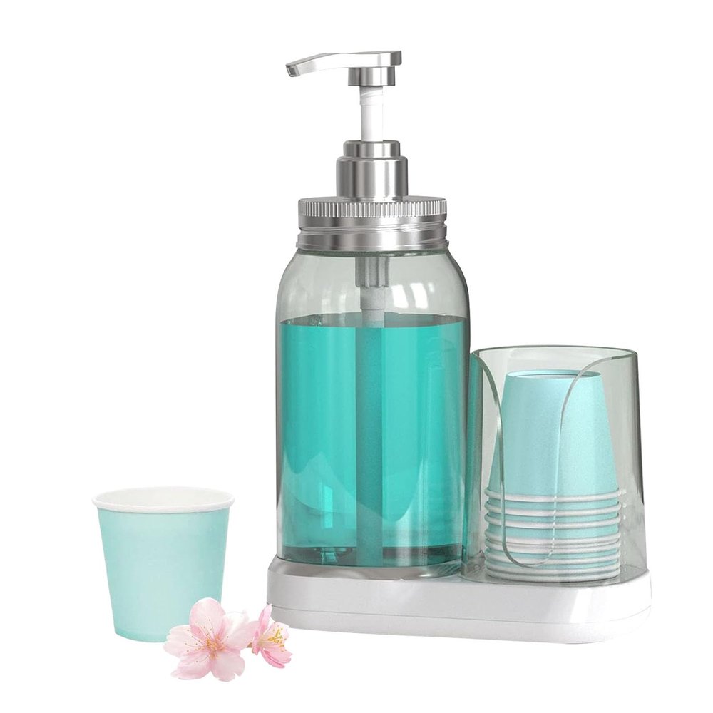 25oz Mouthwash Pump Dispenser, Mouthwash Container with Cup Holder, Refillable Mouthwash Decanter with 8 Piece 4oz Paper Cup