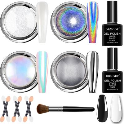 Chrome Nail Powder Gifts for Women - White Pearl Chrome Powder, Aurora Mermaid Iridescent Chromes Powder, Holographic Unicorn Rainbow Sliver Metallic Mirror Effect Nail Glitter Manicure