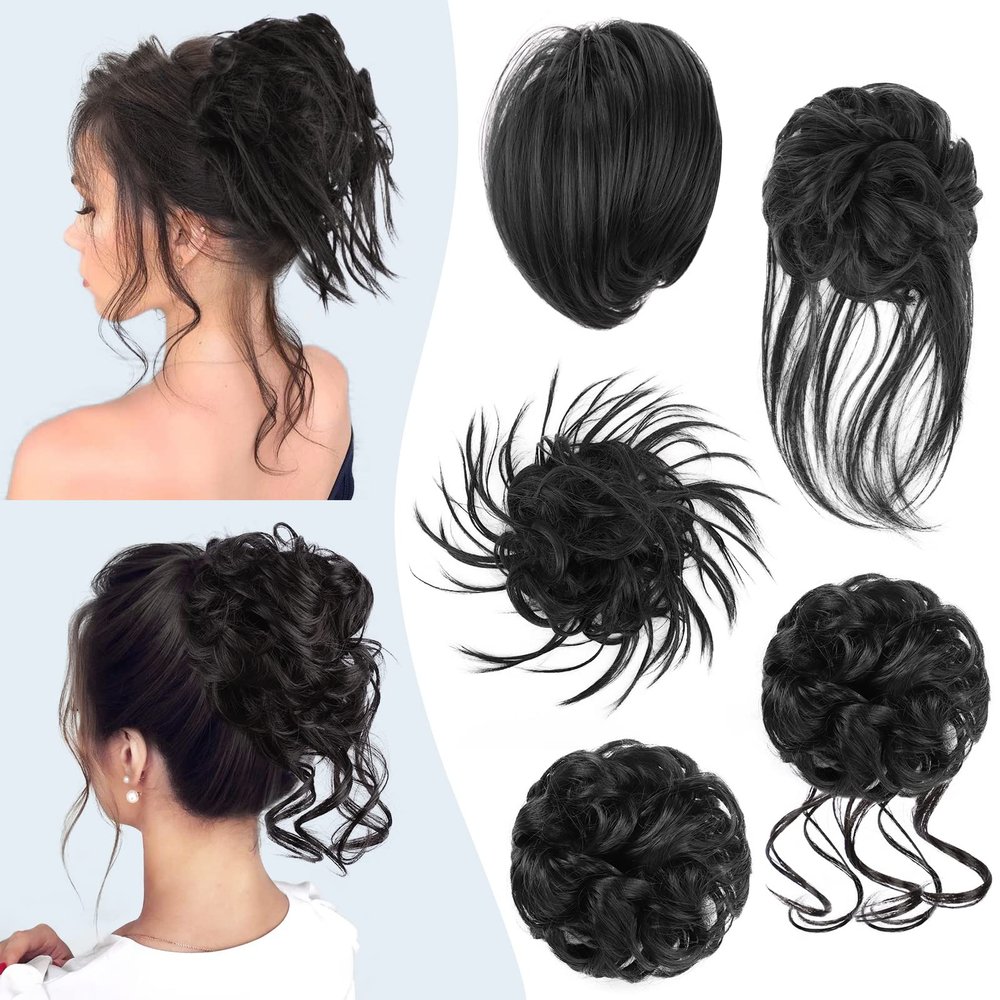 HMD 5 Pieces Messy Hair Bun Hairpiece Tousled Updo for Women Hair Extension Ponytail Scrunchies with Elastic Rubber Band Long Updo Messy Hairpiece Hair Accessories Set for Women (2#)