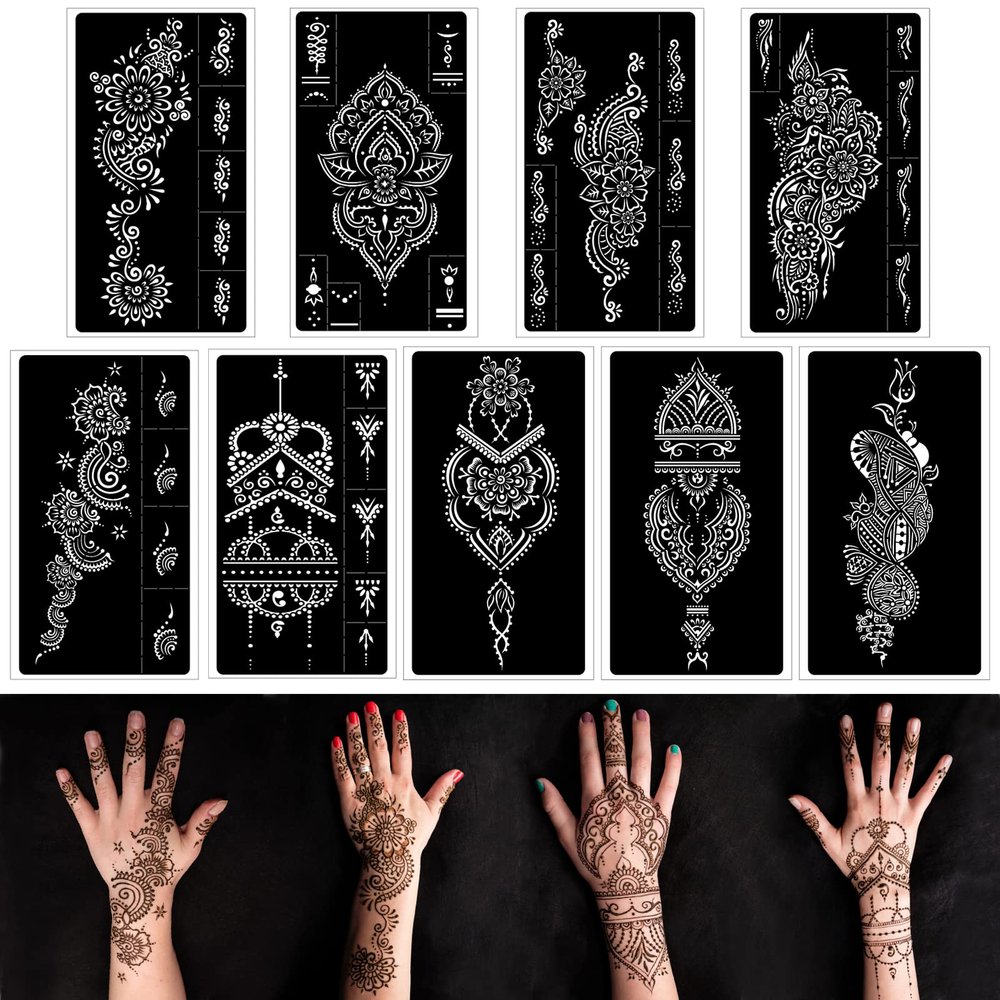 Henna Tattoo Stencils kit,Reusable Henna Stencils for Hand Forearm Glitter Airbrush DIY Tattooing Template, Indian Temporary Tattoo Stickers for Women Girls8.2" x 4.7"