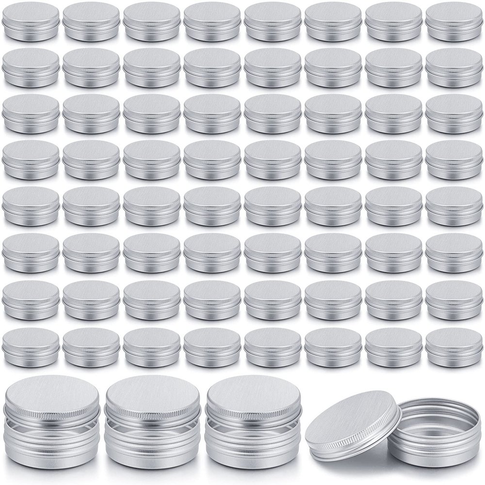 Patelai 64 Pieces Lip Balm Tin Containers Screw Top Round Tin Cans Aluminum Jar with Screw Lid, Empty Bottle Travel Cosmetic Sample Container for DIY(1 oz,Silver)
