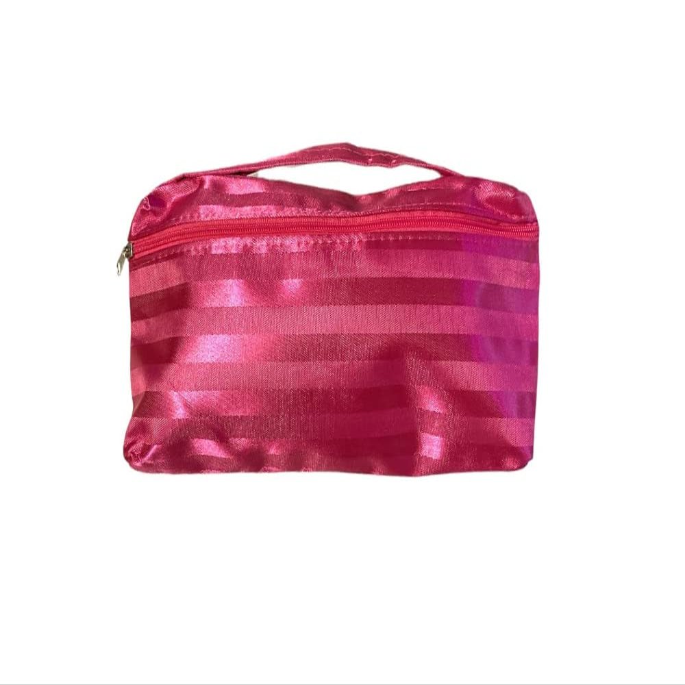 5" X 8" Satin Stripe Pattern Zipper Cosmetic Bag w/ Handle (Dark Pink)