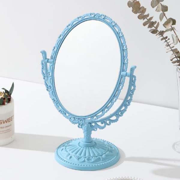 AKOAK 1 Pack Desktop Makeup Mirror, Oval Desk Makeup Mirror, Double-Sided 360-degree Rotating Makeup Mirror Bathroom Bedroom Makeup Mirror, Travel Mirror Suitable for Women (Blue)