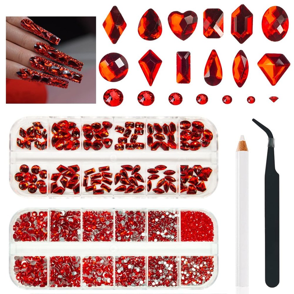 qiipii 4080Pcs Red Nail Rhinestones Multi Shapes Ruby Rhinestones for Nails 1.5-4mm Crystal Gems Siam Red Round Flatback Beads Glass Stones Diamonds jewels Charms for Nails Face Eyes Makeup DIY Crafts