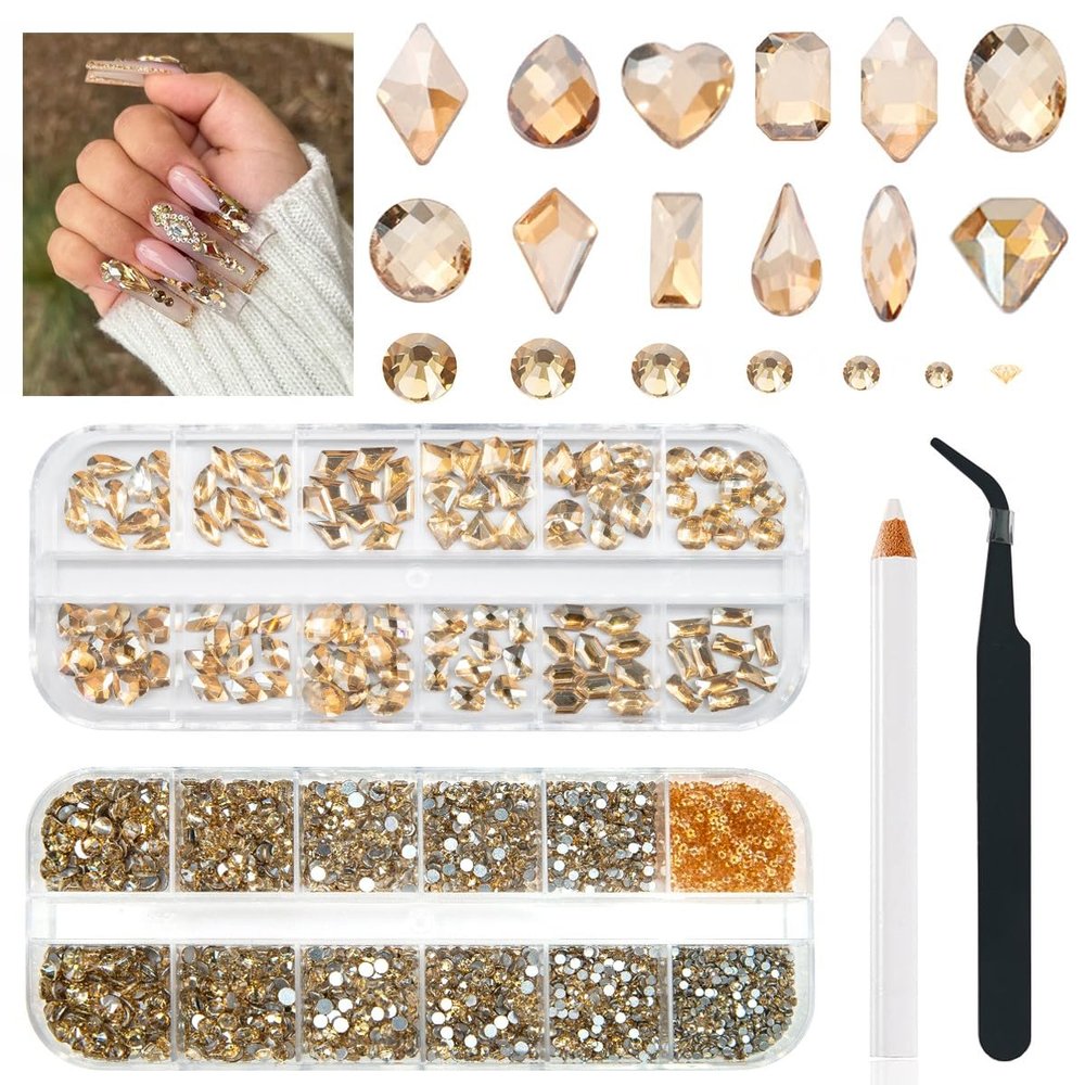 qiipii 4080Pcs Gold Nail Rhinestones, More Quantity 1.5-4mm Mini Flatback K9 Glass Crystal & 3D Multi Shapes Gems, Champagne Gold Gems Round Stones Diamonds jewels Gemstones for Nail Face Eyes Makeup